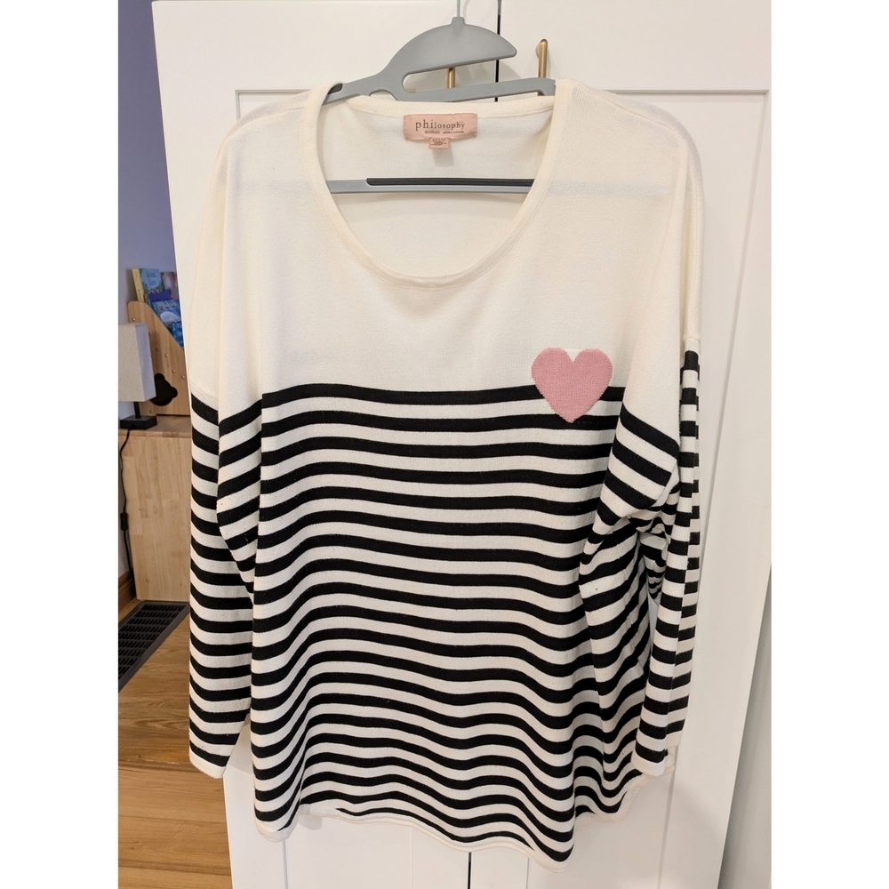 Philosophy Black and White Striped Top with Pink Heart
